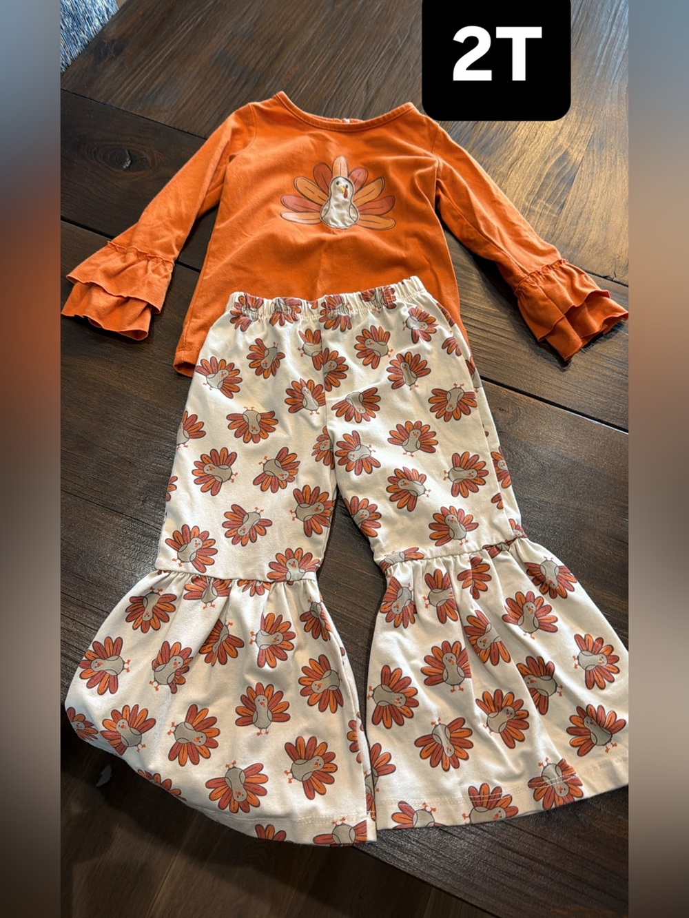 Girls Orange Turkey Top & Ruffle Bell Bottom Pants Set